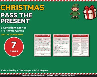 Peut inclure: Un jeu numérique de Noël Pass the Present sur fond vert avec un elfe et un cadeau. Le texte indique Christmas Pass the Present, 3 Left Right Stories, 4 Rhyme Games, 7 Games, et Kids, Family, Gift swaps, 4-30 players.