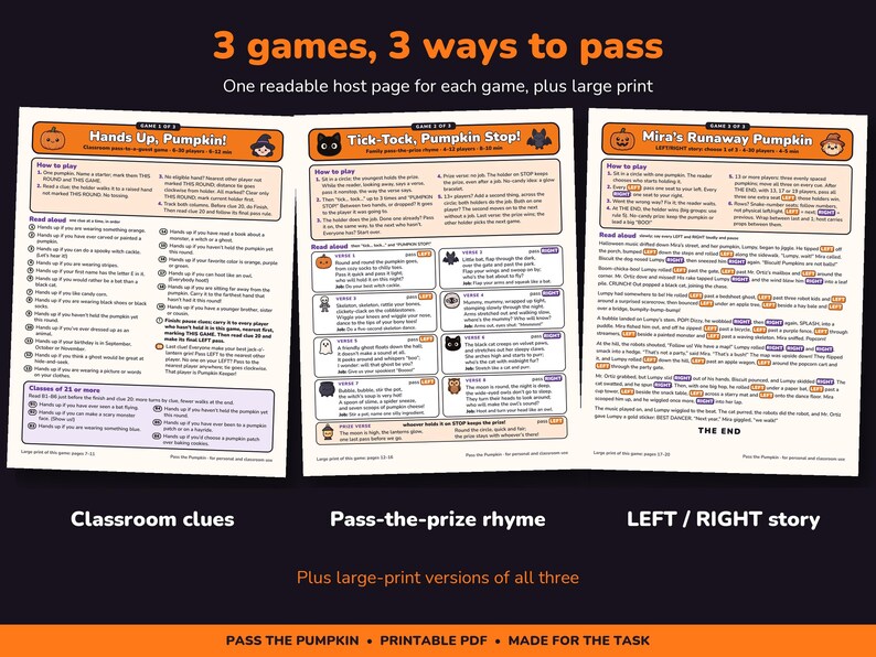 Juego imprimible de Halloween de izquierda a derecha, 3 juegos para pasar la calabaza imagen 2