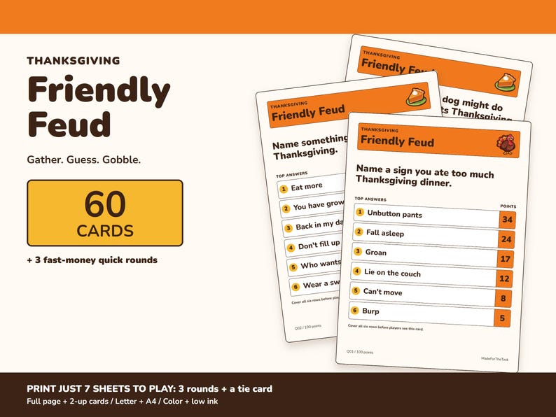 Thanksgiving Friendly Feud Game Printable, 60 Friendsgiving Party Cards image 1