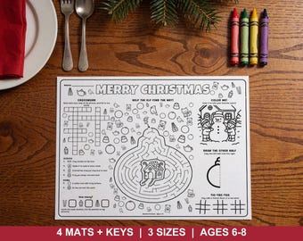 Könnte beinhalten: Eine weiße Papier-Aktivitätsunterlage mit schwarzen Linienzeichnungen, die den Text MERRY CHRISTMAS, ein Kreuzworträtsel, ein Labyrinth mit einem Lebkuchenhaus, einen Schneemann zum Ausmalen und Tic-Tac-Toe enthält.