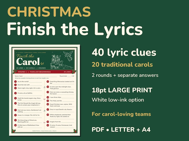 Christmas Finish the Lyrics Game, 40 Clues & Large Print PDF image 1