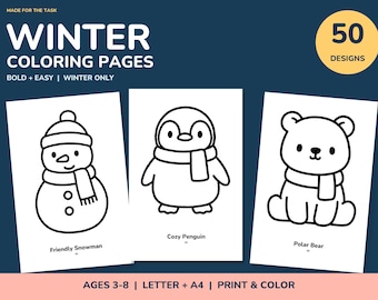 Könnte beinhalten: Eine Sammlung von 50 Winter-Malvorlagen mit kräftigen, einfachen Designs. Die Seiten enthalten Illustrationen eines Schneemanns, eines Pinguins und eines Eisbären. Der Text umfasst Winter Coloring Pages, 50 Designs, Bold + Easy, Winter Only, Ages 3-8, Letter + A4 sowie Print & Color.