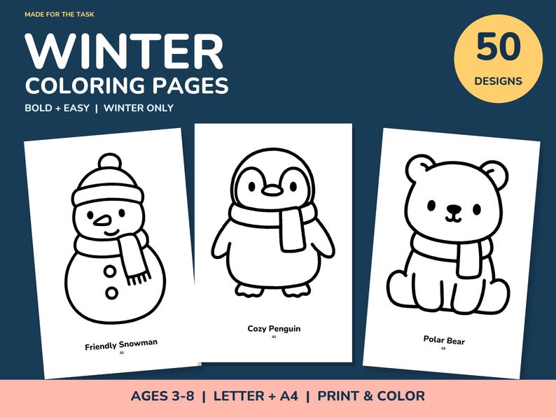 Winter Coloring Pages for Kids Printable, 50 Bold Easy Pages, Letter and A4 image 1