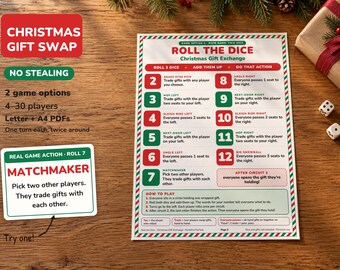 Weihnachtsgeschenk-Würfelspiel zum Ausdrucken, 2 Geschenktauschoptionen