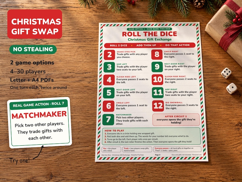 Christmas Gift Exchange Dice Game Printable, 2 Gift Swap Options image 1