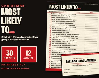Könnte beinhalten: Ein druckbares Weihnachtsspiel Most Likely To mit einer Liste von 30 Fragen auf einem cremefarbenen Blatt mit schwarzem Text und einem separaten Earliest Carol Award Zertifikat. Das Design verwendet rote und schwarze Akzente auf dunklem Grund.