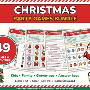 May include: A Christmas party games bundle featuring 49 games and activities. The set includes printable sheets with titles like Christmas Scavenger Hunt and Christmas Picture Clues, decorated with illustrations of Santa, an elf, and gifts.