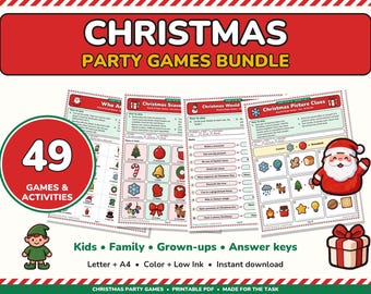 Könnte beinhalten: Ein Weihnachts-Partyspiele-Paket mit 49 Spielen und Aktivitäten. Das Set enthält druckbare Blätter mit Titeln wie Christmas Scavenger Hunt und Christmas Picture Clues, verziert mit Illustrationen vom Weihnachtsmann, einem Elf und Geschenken.