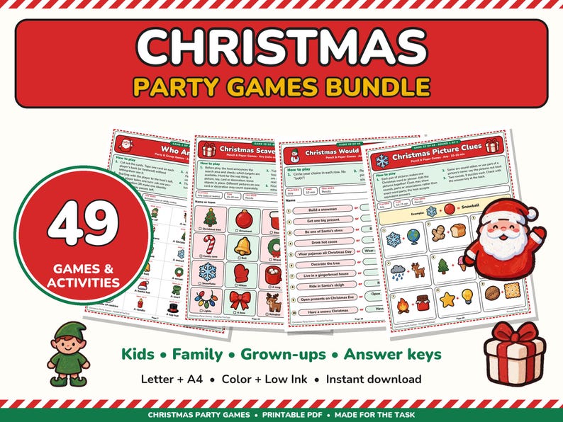 Weihnachtsfeierspiele zum Ausdrucken – 49 Spiele für Kinder und Erwachsene Bild 1