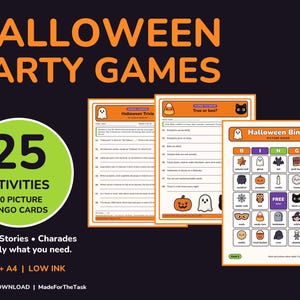 Può includere: Un set di giochi per feste di Halloween in download digitale con 25 attività e 50 cartelle di bingo illustrate. I fogli stampabili arancioni e bianchi includono quiz, domande vero o falso e griglie di bingo con icone come fantasmi e zucche.