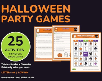 Può includere: Un set di giochi per feste di Halloween in download digitale con 25 attività e 50 cartelle di bingo illustrate. I fogli stampabili arancioni e bianchi includono quiz, domande vero o falso e griglie di bingo con icone come fantasmi e zucche.