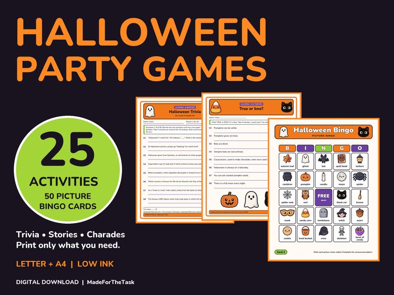 Halloween Party Games Bundle Printable, 25 Activities and Picture Bingo image 1