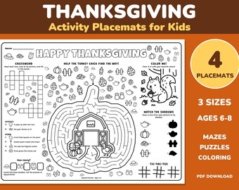 Könnte beinhalten: Eine weiße Thanksgiving-Aktivitätsunterlage mit schwarzen Strichzeichnungen, darunter ein Kreuzworträtsel, ein Truthahn-Labyrinth mit einer Scheune, ein Eichhörnchen zum Ausmalen, Schatten-Zuordnungsspiele und Tic-Tac-Toe. Der Text lautet Happy Thanksgiving.
