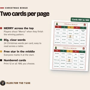 クリスマスビンゴの印刷用テンプレート、大人数パーティー向けのユニークな単語カード100枚 画像 3