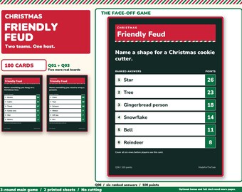 Christmas Friendly Feud Game Printable, 100 Cards for Family Teams