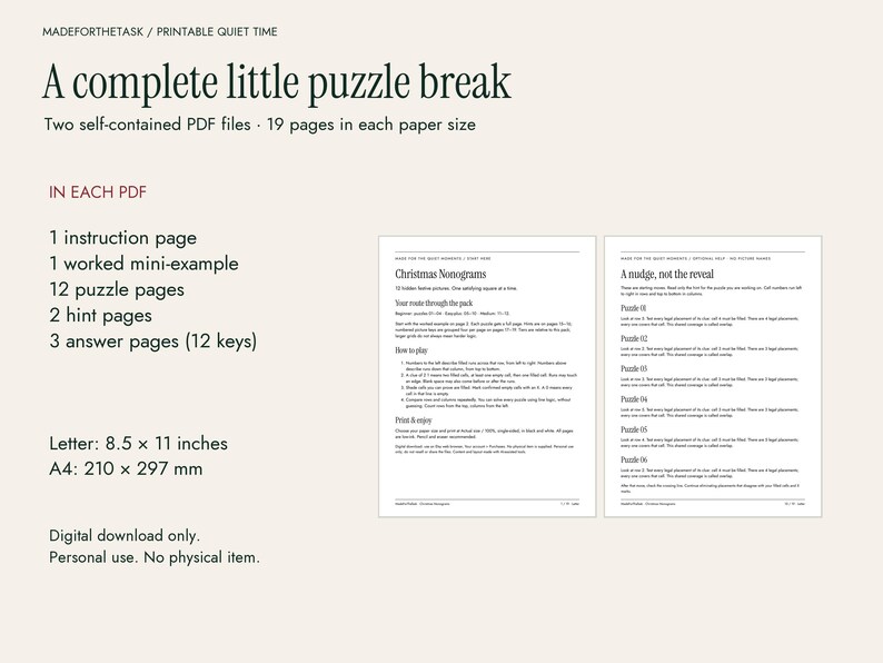 Christmas Nonogram Puzzles Printable, 12 Picture Logic Puzzles with Hints image 5