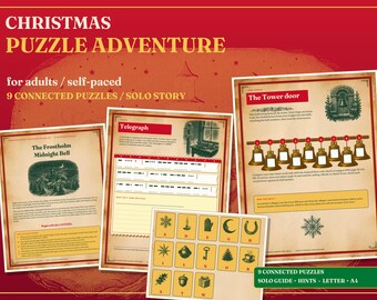 Könnte beinhalten: Ein Weihnachts-Puzzle-Abenteuerspiel für Erwachsene mit neun verbundenen Rätseln und einer Solo-Geschichte. Die Seiten zeigen The Frostholm Midnight Bell, Telegraph und The Tower door mit Glockenabbildungen und Symbolkarten.