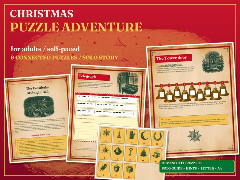 Christmas Puzzle Book for Adults Printable, 9 Connected Adventure Puzzles image 1