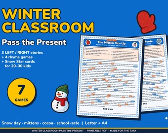 Könnte beinhalten: Ein druckbares Winter Classroom Pass the Present Spieleset mit 7 Spielen, darunter 3 Links/Rechts-Geschichten und 4 Reimspiele. Der blaue Hintergrund zeigt einen Schneemann, einen roten Fäustling und Spielanleitungen mit dem Titel The Mitten Mix-Up.