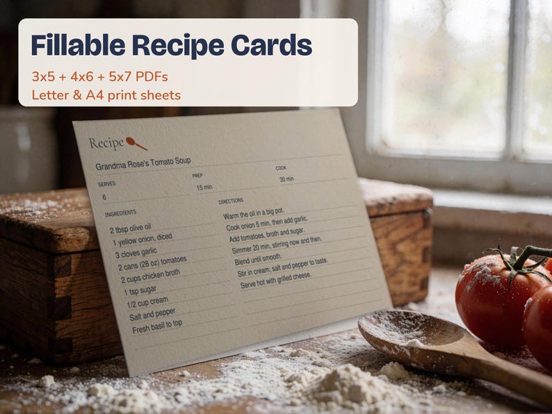 Recipe Card Template, Fillable 3x5, 4x6 and 5x7 PDFs + Print Sheets image 1