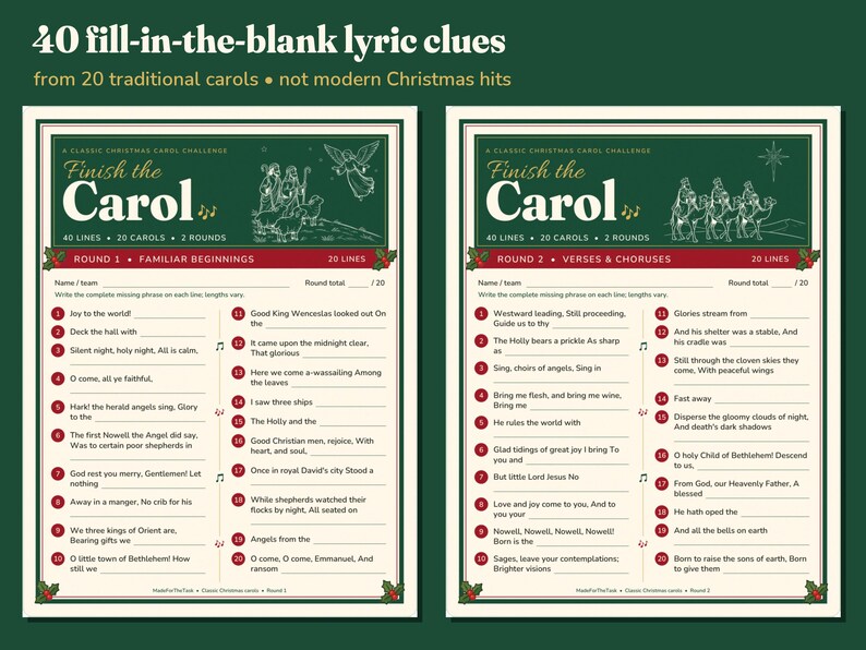 Christmas Finish the Lyrics Game, 40 Clues & Large Print PDF image 2