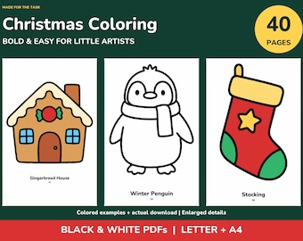 Könnte beinhalten: Ein 40-seitiges Weihnachtsmalbuch mit kräftigen, einfachen Motiven. Das Cover zeigt ein Lebkuchenhaus, einen Pinguin und einen Weihnachtsstrumpf mit dem Text: MADE FOR THE TASK, Christmas Coloring, BOLD & EASY FOR LITTLE ARTISTS, BLACK & WHITE PDFS | LETTER + A4.