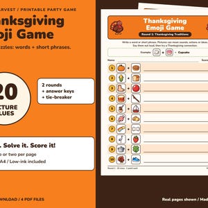 Thanksgiving & Fall Emoji Game Printable, 20 Picture Clues with Answer Keys image 1