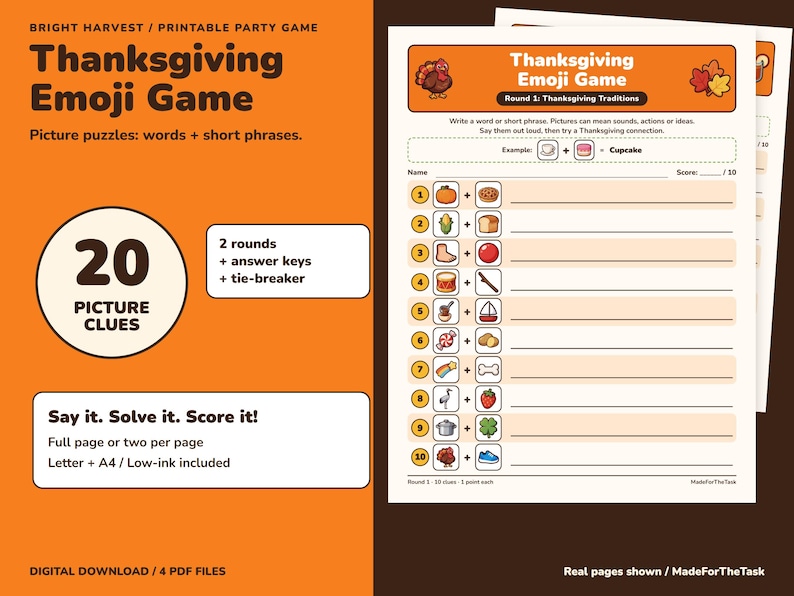 Thanksgiving & Fall Emoji Game Printable, 20 Picture Clues with Answer Keys image 1
