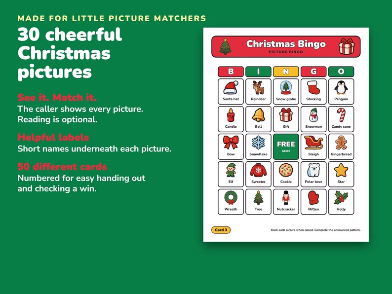 Christmas Bingo Printable for Kids, 50 Bingo Cards and Memory Game image 3