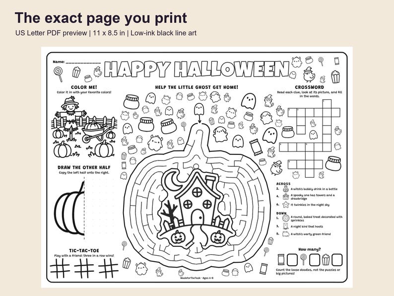 Halloween Activity Placemats Printable, 4 Different Kids Mats with Answer Keys image 2