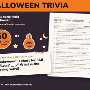 Può includere: Un set di gioco a quiz per Halloween con un foglio di domande intitolato Halloween history and customs con dieci domande numerate, un grafico circolare che indica 60 questions 6 rounds e una scheda di esempio.