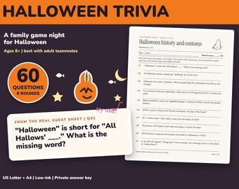 May include: A Halloween trivia game set featuring a printed question sheet titled Halloween history and customs with ten numbered questions, a circular graphic stating 60 questions 6 rounds, and a sample card showing question one.