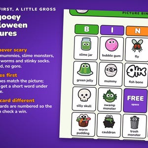 Halloween Picture Bingo Printable, 50 Gooey Ghouls Boards for Kids image 3