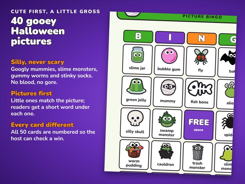 Halloween Picture Bingo Printable, 50 Gooey Ghouls Boards for Kids image 3