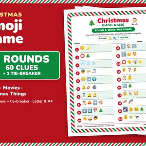 May include: A printable Christmas Emoji Game sheet featuring 20 numbered clues for identifying holiday songs using emoji combinations. The document has a red and green striped border, a title, and space for a name and score on a white background.