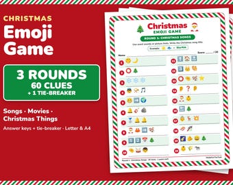 Peut inclure: Une feuille de jeu d'émojis de Noël imprimable avec 20 indices numérotés pour identifier des chansons de fête à l'aide de combinaisons d'émojis. Le document présente une bordure rayée rouge et verte, un titre et un espace pour le nom.