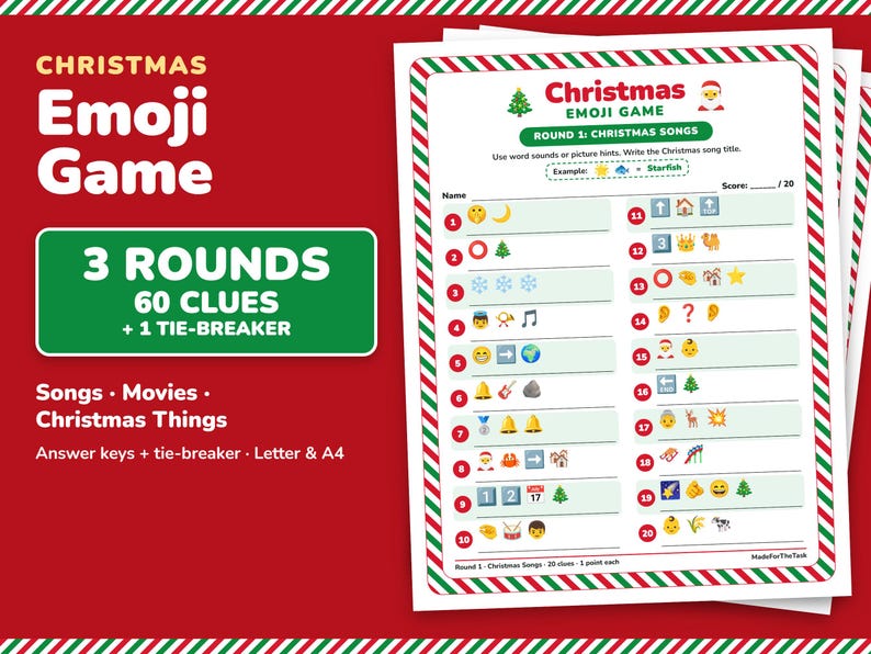 Christmas Emoji Game Printable, 3 Rounds, 60 Clues + Tie-Breaker image 1