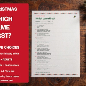Christmas Which Came First Game Printable, 24 Questions and Coloring Pages image 1