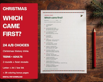 Könnte beinhalten: Ein weißes Weihnachts-Quizblatt mit dem Titel Which came first? und rot-grün gestreiften Rändern. Das Dokument enthält zwölf Multiple-Choice-Fragen zur Geschichte der Feiertage und wird von einem roten Stift an der Seite begleitet.