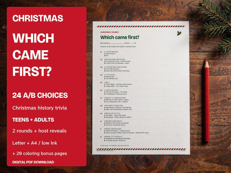 Christmas Which Came First Game Printable, 24 Questions and Coloring Pages image 1