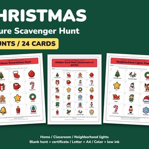 Chasse au trésor de Noël à imprimer, 3 chasses aux images pour enfants avec 24 cartes image 1