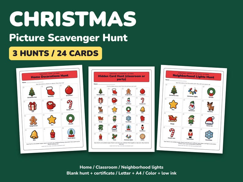 Chasse au trésor de Noël à imprimer, 3 chasses aux images pour enfants avec 24 cartes image 1