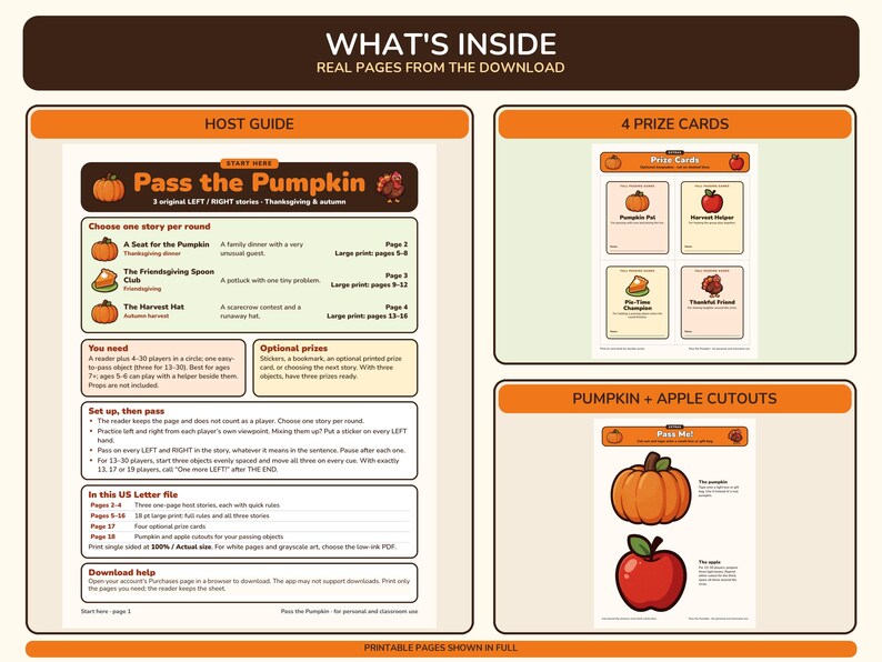 Thanksgiving Left Right Game Printable PDF, 3 Pass the Pumpkin Stories image 5