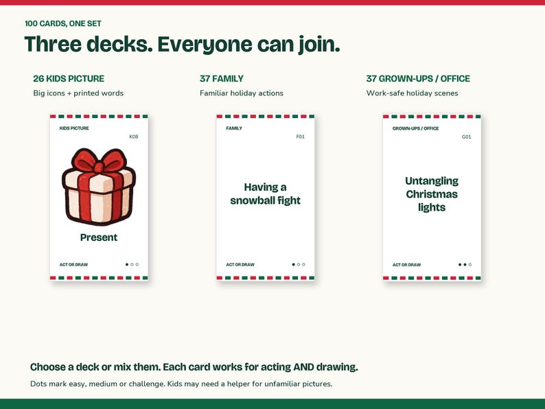 Christmas Charades Printable, Act It or Draw It, 100 Cards in 3 Decks image 2