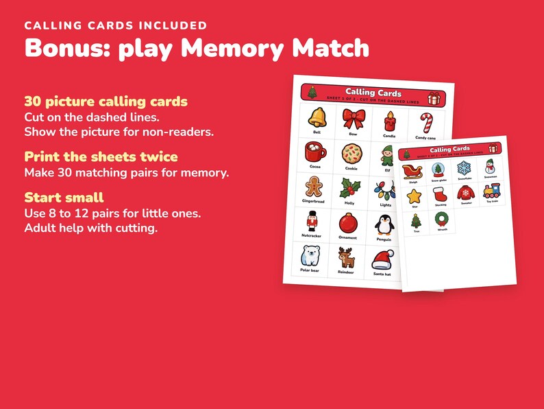Christmas Bingo Printable for Kids, 50 Bingo Cards and Memory Game image 6