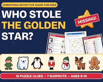 Könnte beinhalten: Ein Weihnachts-Detektivspiel für Kinder mit dem Titel Who Stole The Golden Star?, inklusive einer Grafik eines fehlenden Sterns, Rätselblättern und sieben Charakterillustrationen: Elf, Eisbär, Pinguin, Nussknacker, Schneemann, Rentier und Lebkuchenmann.