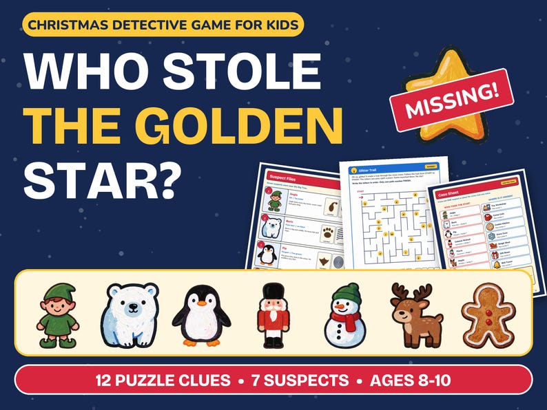 Detective Game for Kids, Christmas Mystery Game Printable, Golden Star image 1