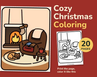 Könnte beinhalten: Ein Malbuch mit dem Titel Cozy Christmas Coloring mit 20 Seiten. Das Titelbild zeigt einen braunen Sessel, einen Kamin mit einem Weihnachtsstrumpf, eine schlafende Katze auf einem runden Teppich und einen kleinen Beistelltisch mit roter Tasse.