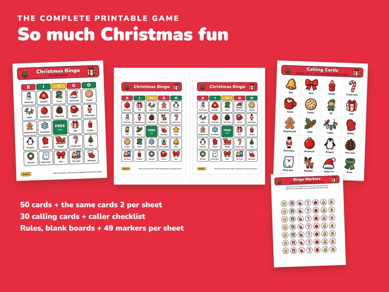 Christmas Bingo Printable for Kids, 50 Bingo Cards and Memory Game image 2