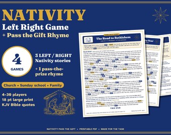 Könnte beinhalten: Ein druckbares Nativity Left Right Spiel und Pass the Gift Reim-Set auf dunkelblauem Hintergrund. Der Text enthält NATIVITY, 4 GAMES, 3 LEFT / RIGHT Nativity stories, 1 pass-the-prize rhyme und KJV Bibelzitate. Die Seiten sind in großer Schrift gedruckt.